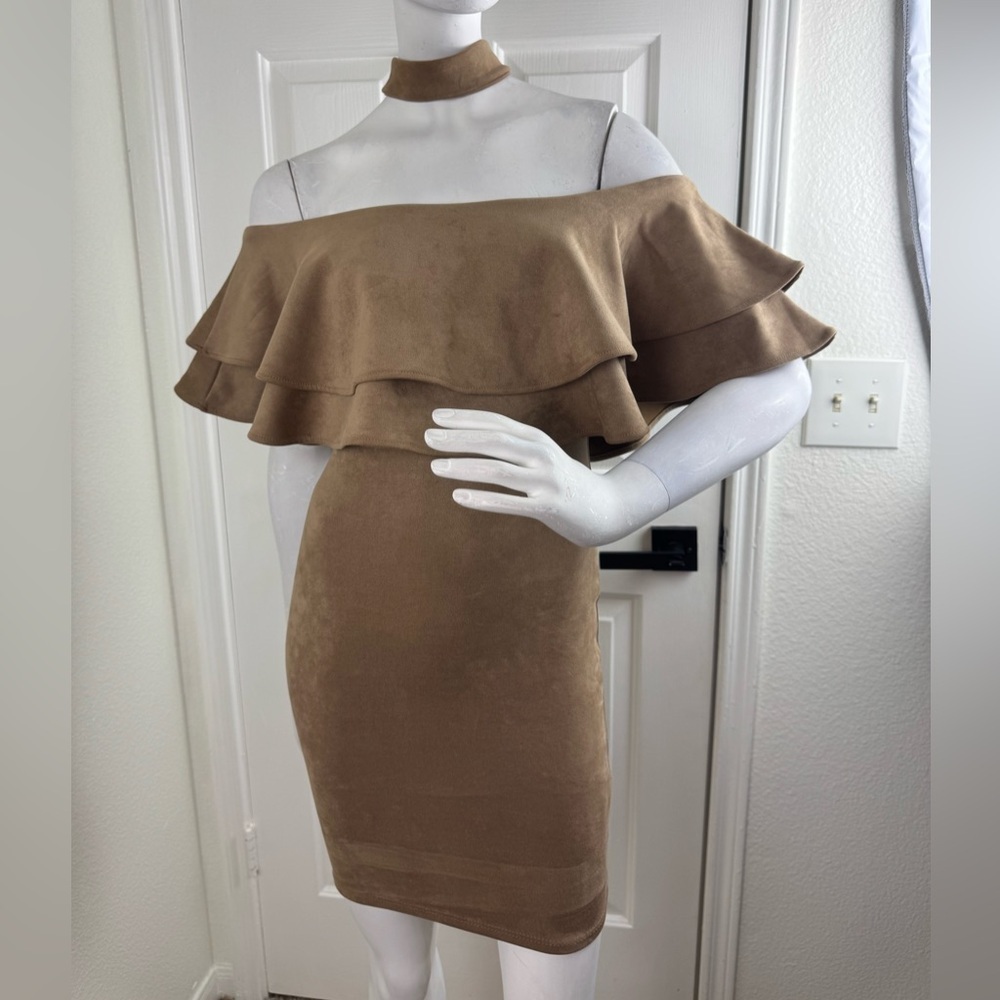 Monaco Bodycon Dress Fitted Stretch Brown 2 way Back Zipper Size S. B3 A1
